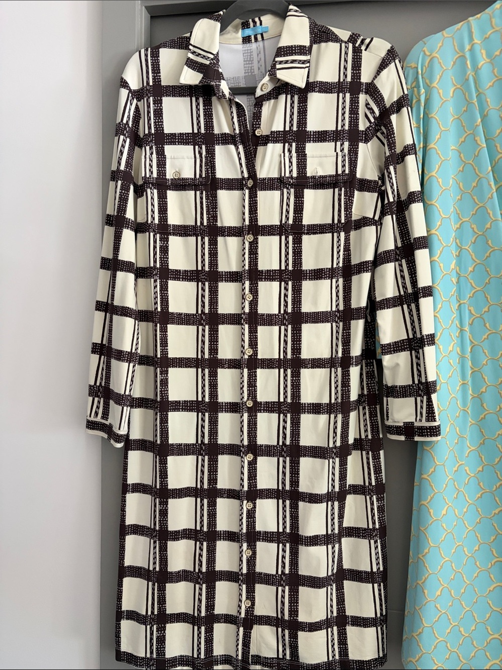 J. McLaughlin Ivory and Brown and Black Grid Button-Front Shirt Dress